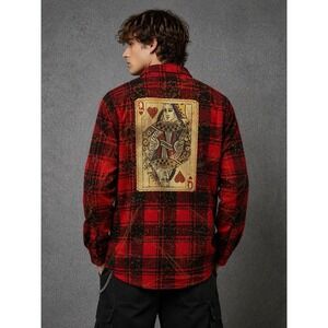 Angry Minnow Red Plaid Flannel Shirt Mens XXL Queen of Hearts Grunge Graphic